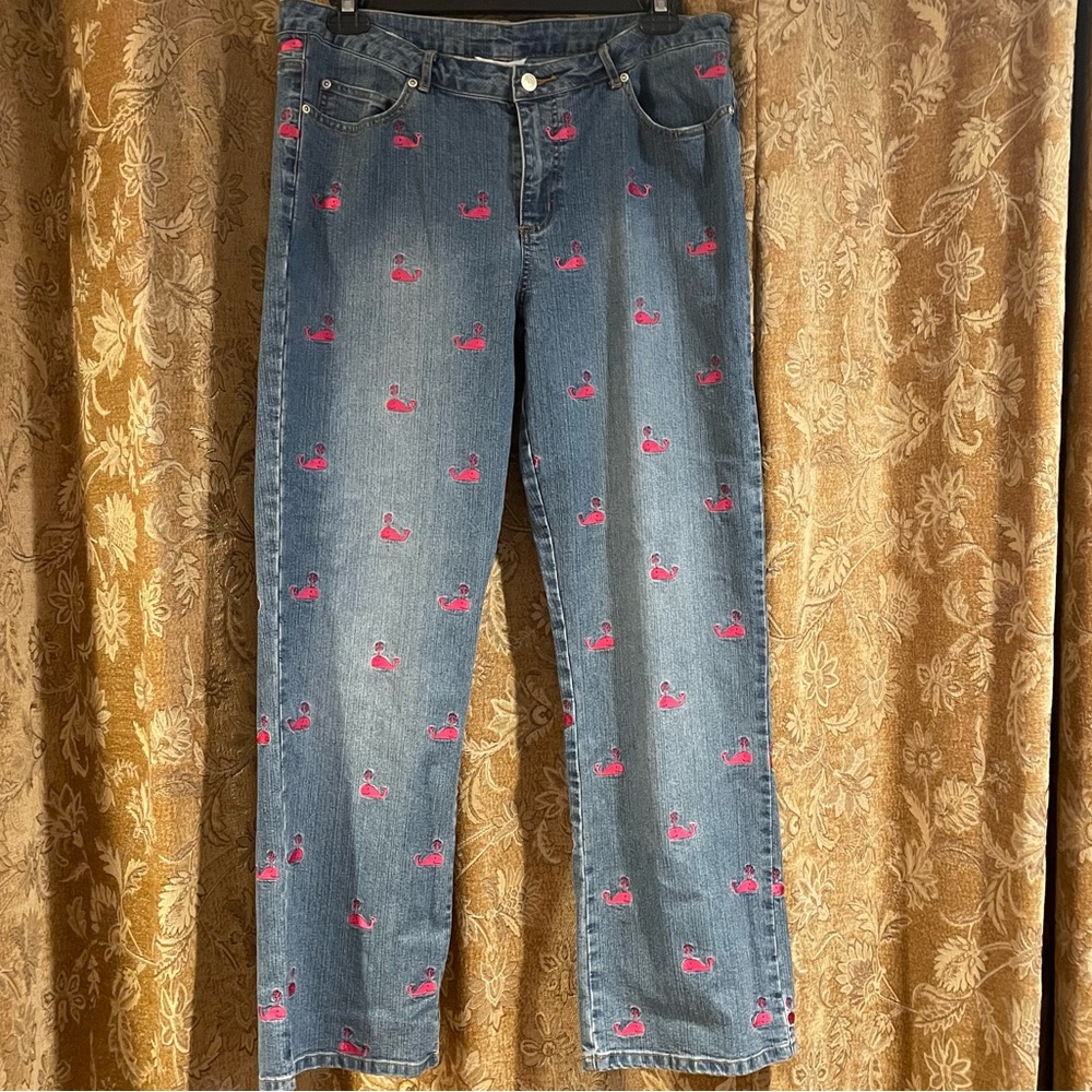 Lilly Pulitzer vintage embroidered jeans with pink whales - size 14. Y2K preppy